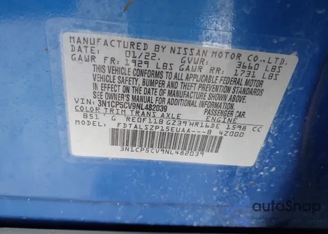 2022 Nissan Kicks Sv z USA, uszkodzony, nr VIN 3N1CP5CV9NL482039